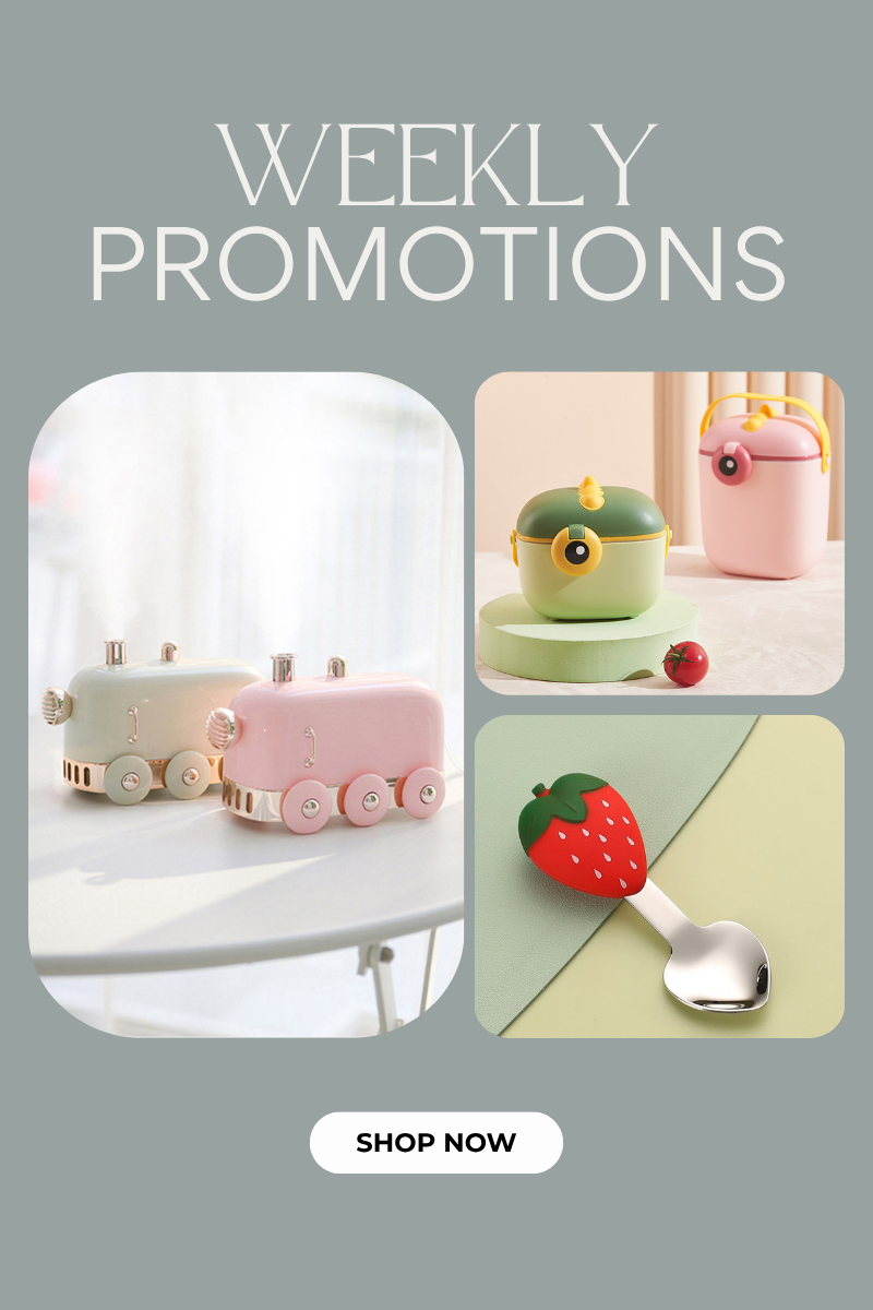 Promotional graphic with colorful children's items and 'Shop Now' button on a gray background.