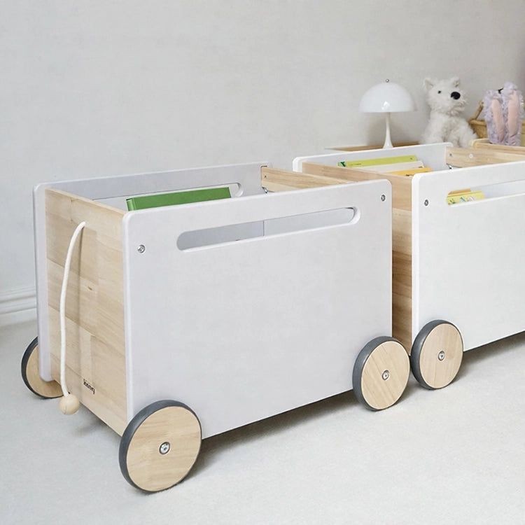 Children's wooden toy cart with wheels on a plain background. Nordic Grey Multi-Function Wooden Storage Trolley & Walker