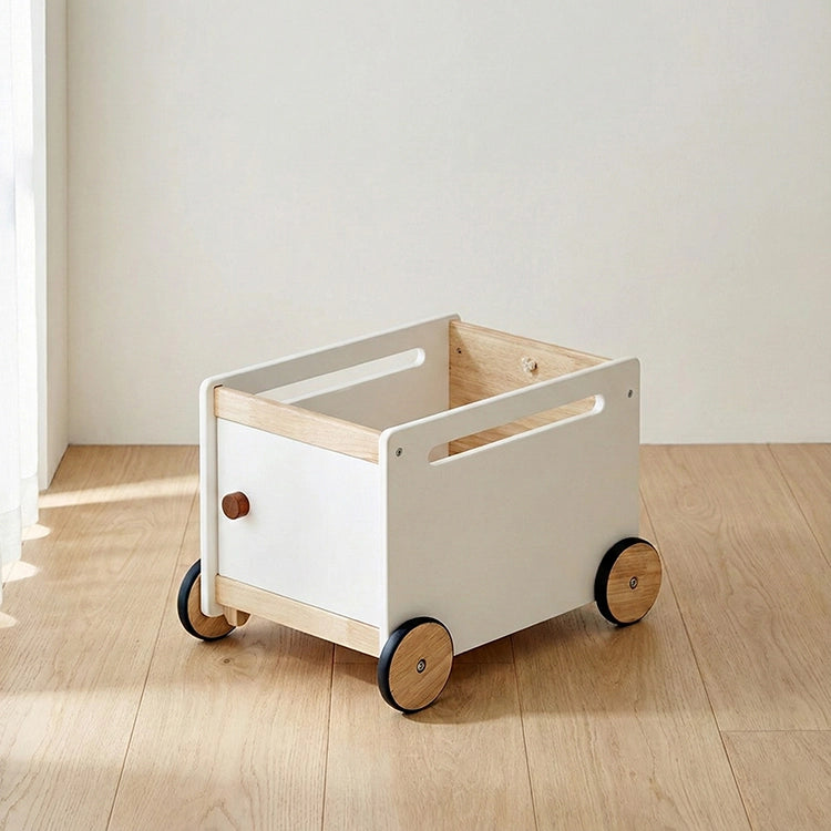 Nordic White Multi-Function Wooden Storage Trolley & Walker Wooden toy cart with wheels on a wooden floor