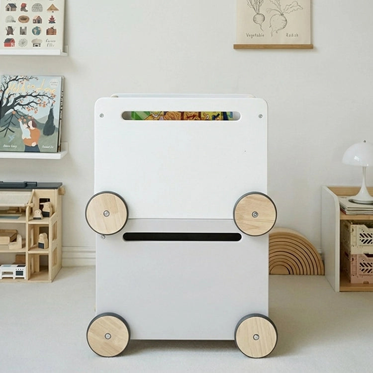Children's toy storage unit with wheels in a room setting, White and Grey Nordic Multi-Function Wooden Storage Trolley & Walker