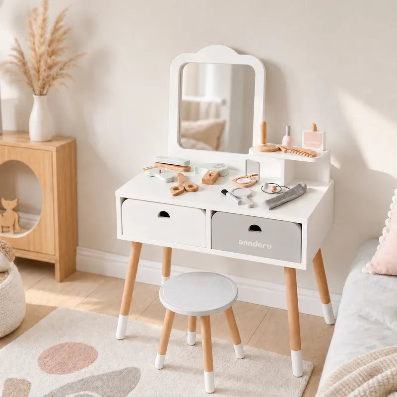 A white wooden vanity table with a mirror, two drawers, and a matching stool in a softly styled children's bedroom. The tabletop is decorated with small toys and accessories.