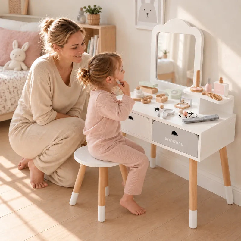 annderu Nordic White Wooden Kids Dressing Table & Stool with lipstick from iKids.co.za