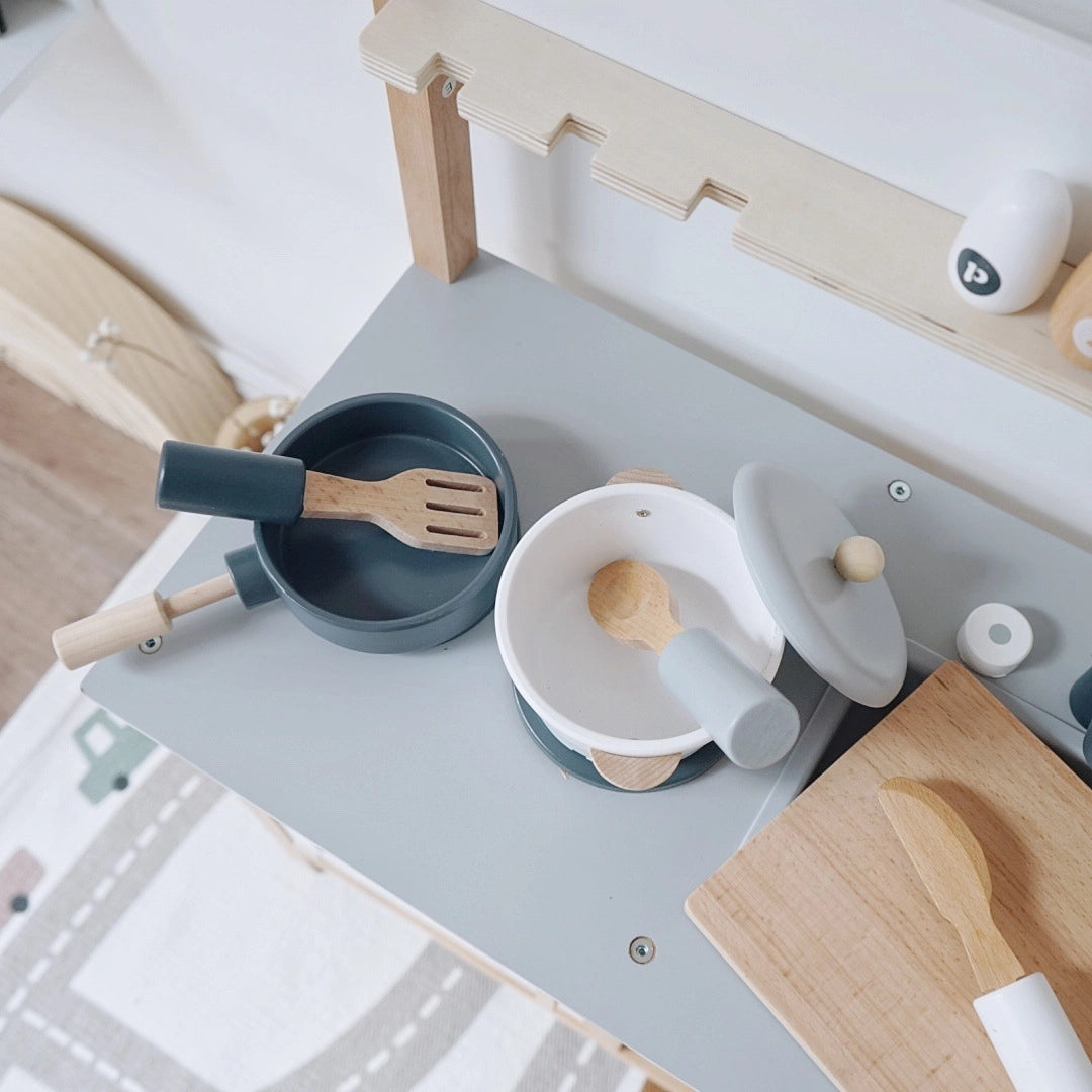 Nunukids Nordic Wooden Play Kitchen set with wooden utensils and pots