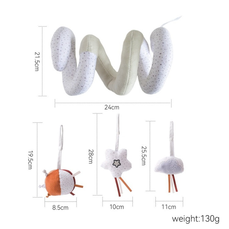 Measurement chart of a spiral toy and three hanging toys with dimensions and weight displayed.