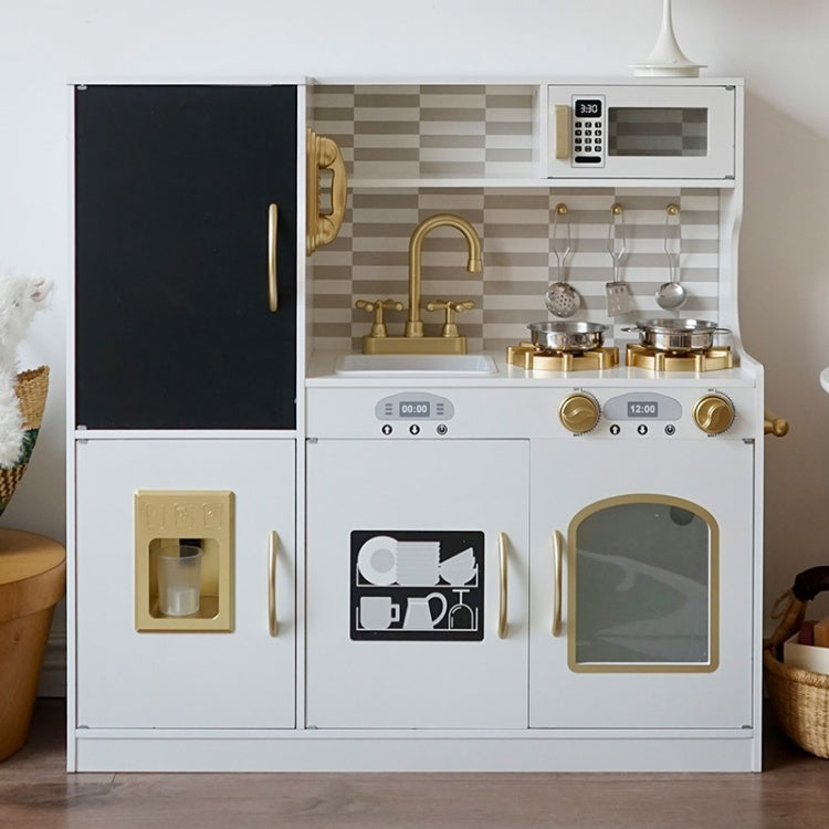Children's play kitchen set with various appliances and utensils on a white background