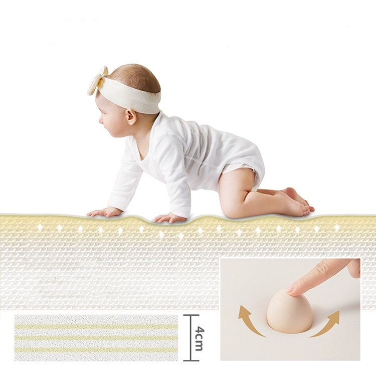 Baby crawling on a textured mat with a close-up of the mat's surface and a hand pressing down.