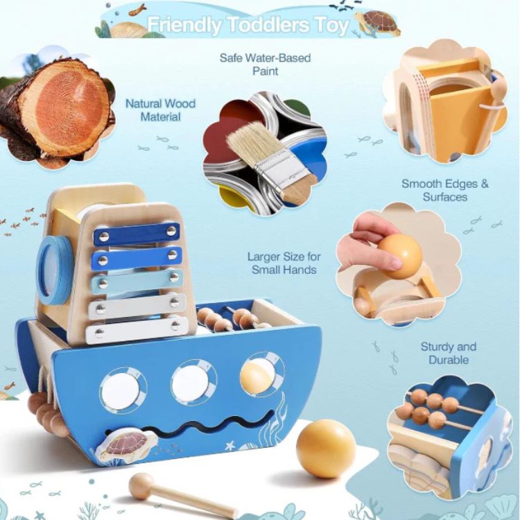 Wooden toy boat with various components on a light blue background, highlighting safe materials and design features.