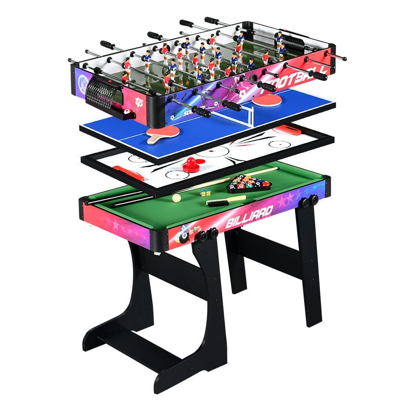 Multi-game table with foosball, ping pong, hockey, and billiards on a white background
