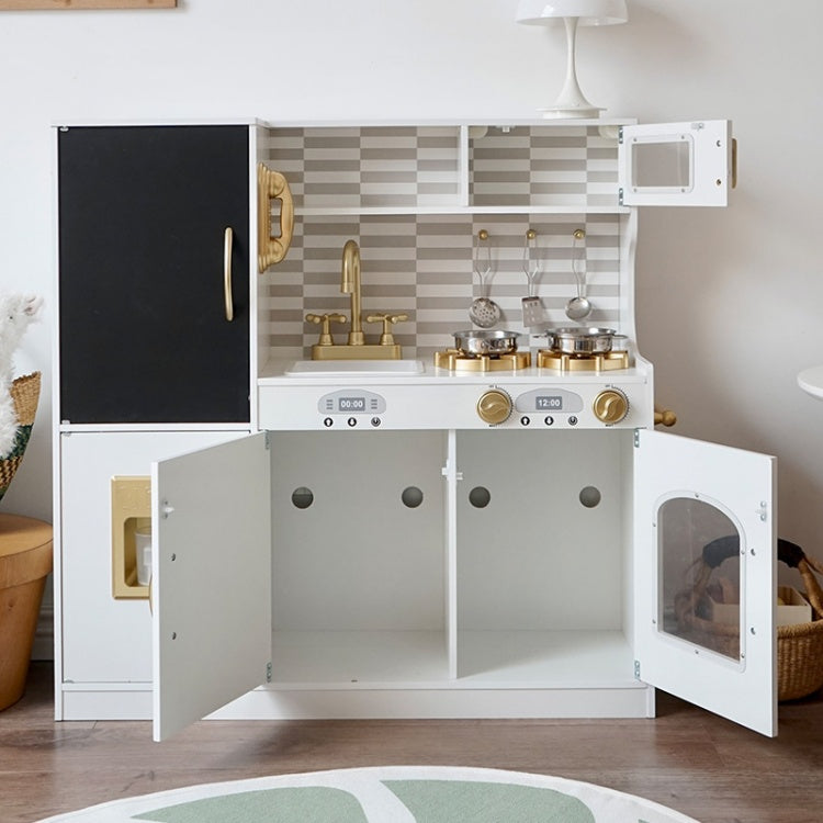 Children's play kitchen set with open doors showing various toy kitchen appliances.