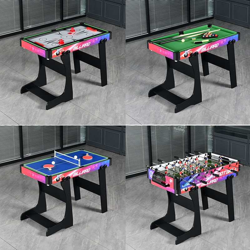 Four different views of a multi-game table with various game boards.