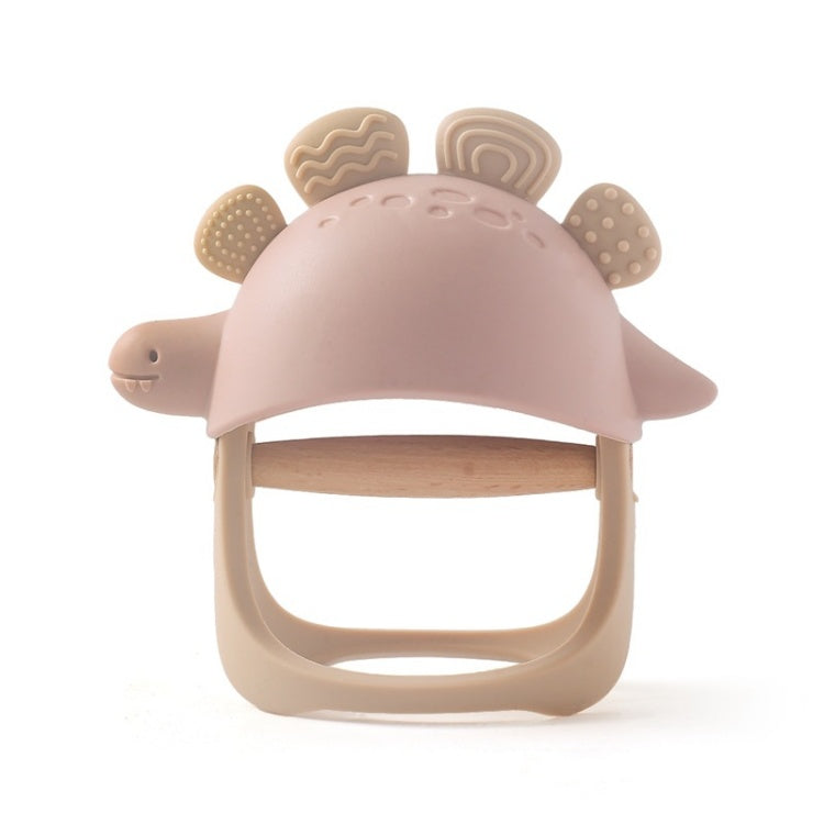 Pink and beige dinosaur-shaped baby teether on a white background