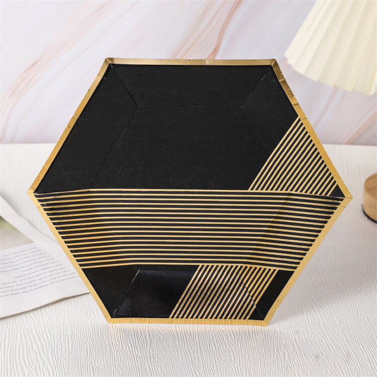 Hexagonal Party Paper Plate | Black with Gold Strip | Set of 10 - iKids
