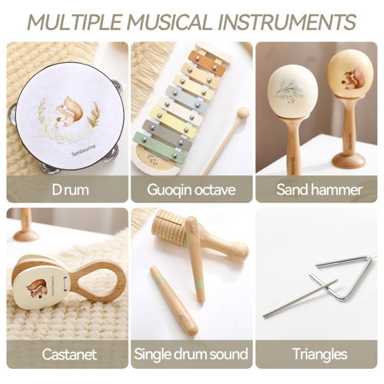 Collage of various musical instruments including a drum, guqin octave, sand hammer, castanet, single drum sound, and triangles.