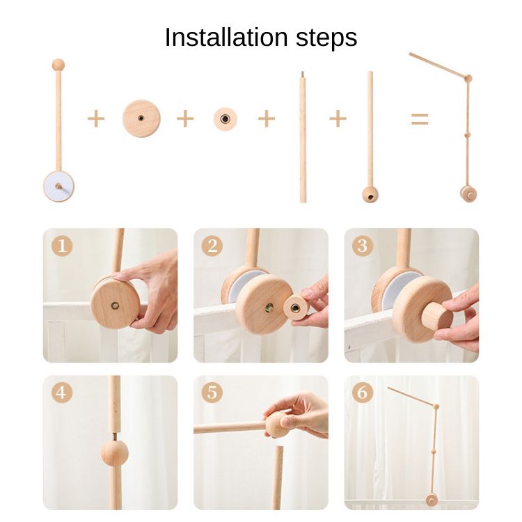 Step-by-step installation guide for a wooden product on a white background