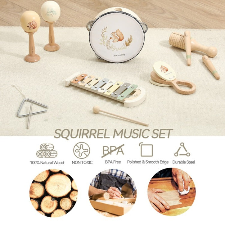 Squirrel music set with various wooden instruments on a light surface, featuring brand logos and product features.