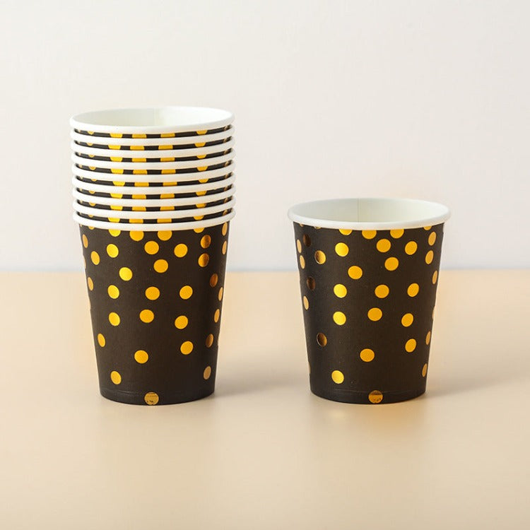 Party Paper Cup | Black with Gold Dot | Set of 10 - iKids