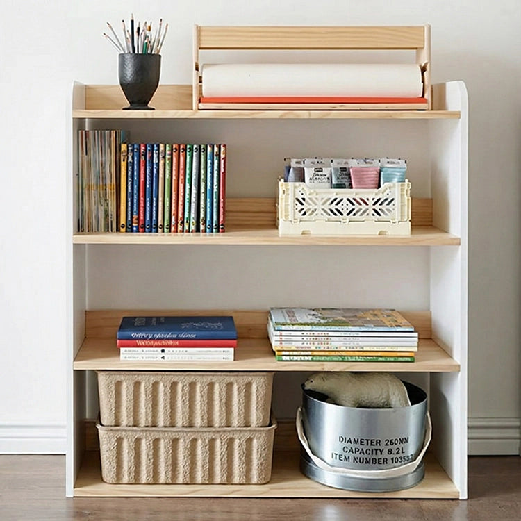 Wooden bookshelf with books, baskets, and a pot on a neutral background