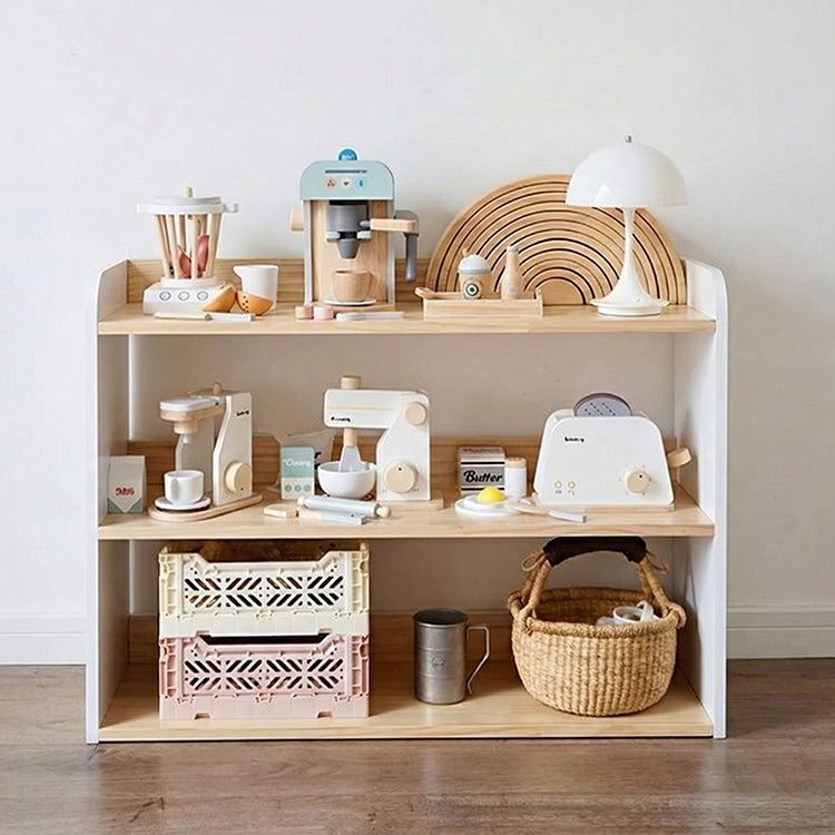 Wooden shelf with various kitchen items and decor against a white wall.