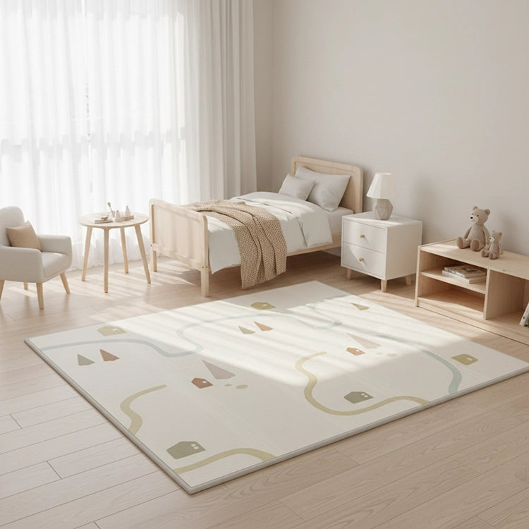 Modern bedroom with a bed, nightstands, and a rug featuring animal illustrations.