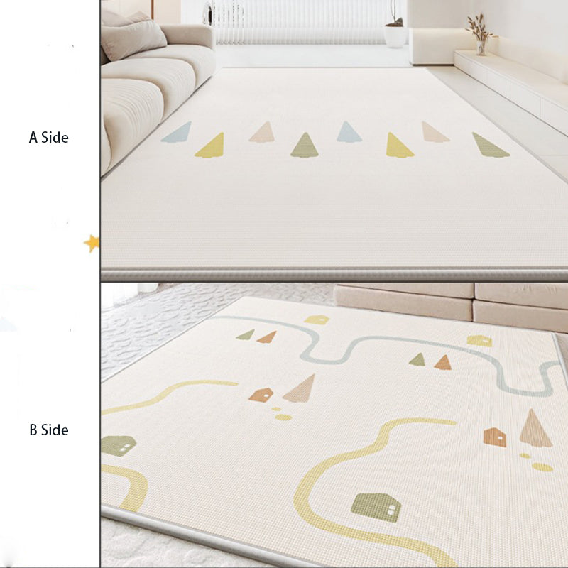 Two sections of a rug with geometric patterns on a neutral background