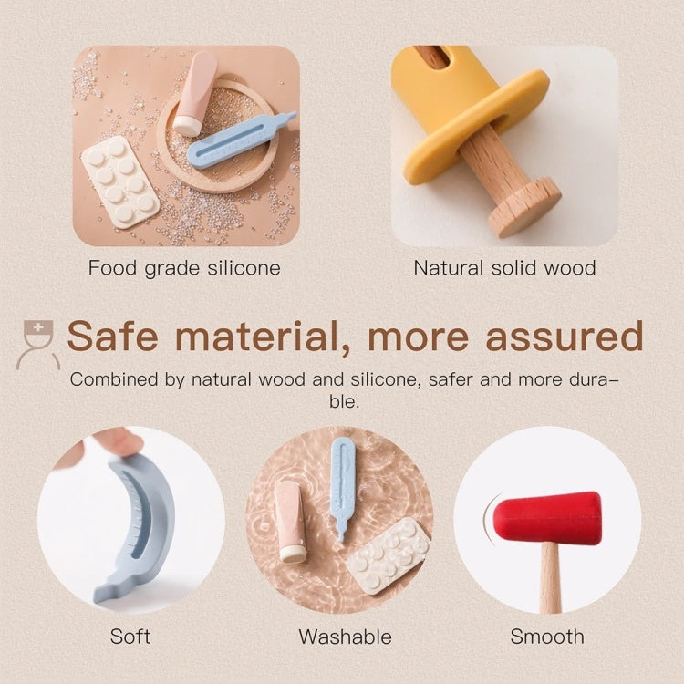 Product display with food grade silicone and natural solid wood toys, emphasizing safety and durability.