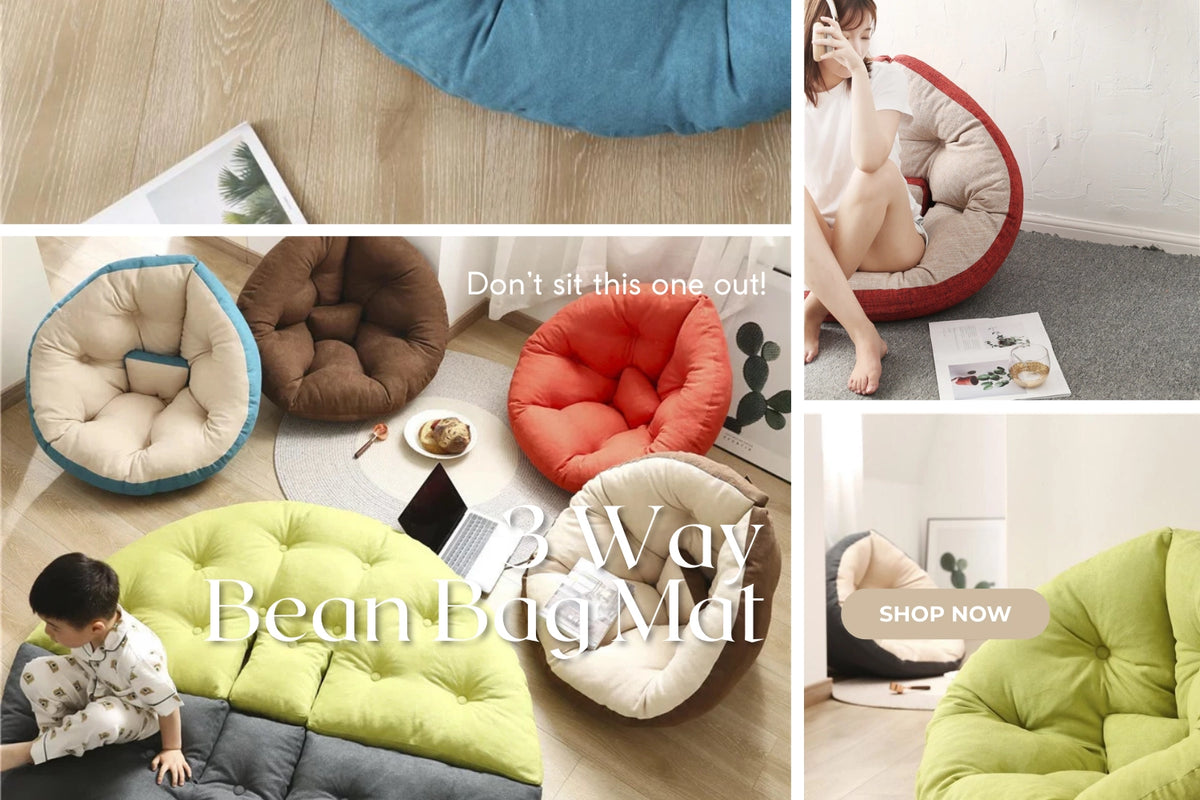 Collage of bean bag chairs in various colors and settings with promotional text.