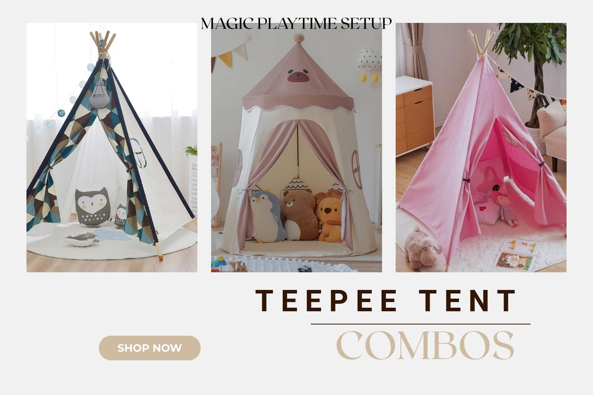 Three teepee tents with different designs and colors, featuring animals and toys, on a light background.