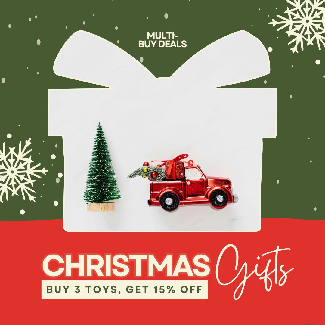 Promotional graphic for Christmas gifts with a white gift box, red toy truck, and Christmas tree on a green and red background.
