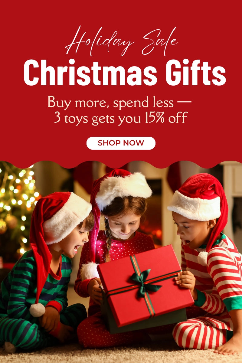 Children in festive hats opening a Christmas gift with promotional text overlay on a red background.
