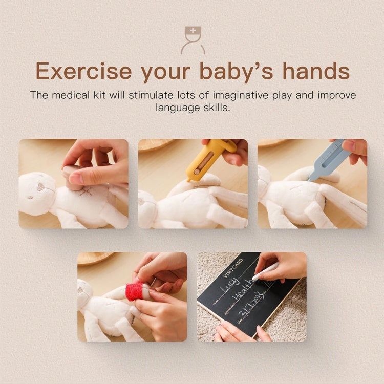 Promotional image for a medical kit with text and images of hands interacting with a toy.