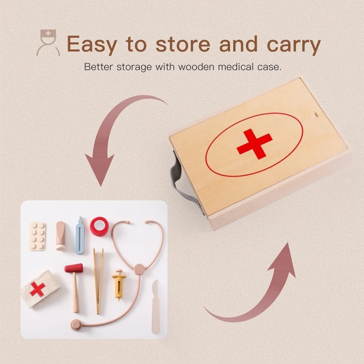 Wooden medical toy set with storage case on a beige background