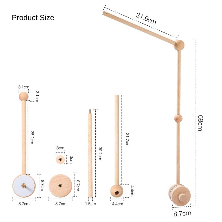 Measurement chart of a wooden product with dimensions labeled