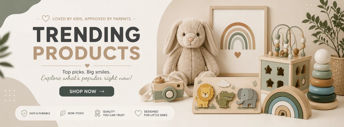A styled nursery product display featuring a beige plush bunny, wooden rainbow toys, a baby gear activity box, a wooden stacking ring set, and framed wall art on a warm cream background with promotional text on the left.