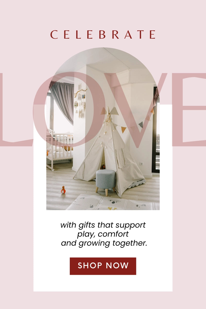 Advertisement for gifts that support play, comfort, and growing together with a teepee and baby crib in a room.