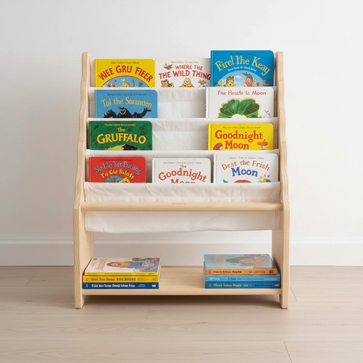 Wooden bookshelf with children's books on a plain background