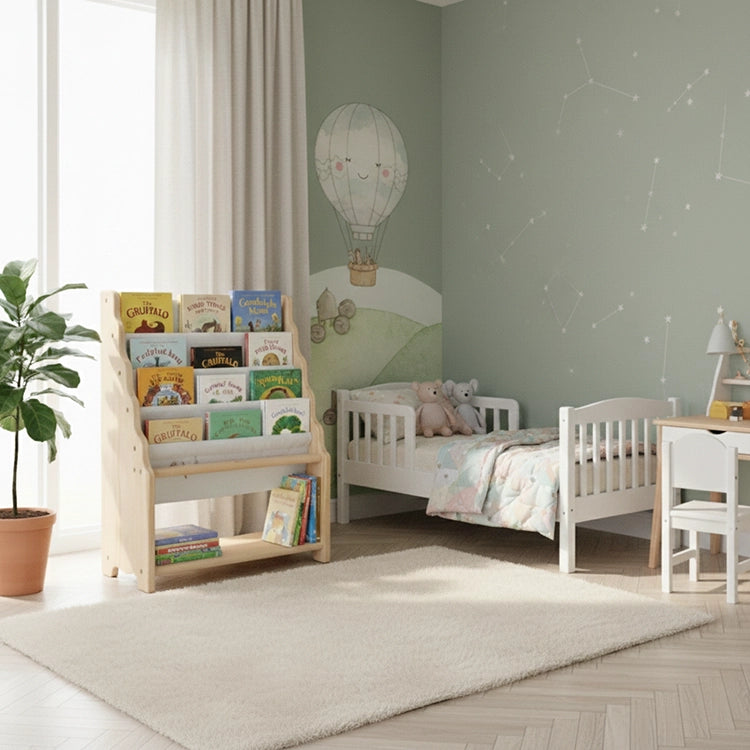 Children's bedroom with a bookshelf, bed, and wall decorations.