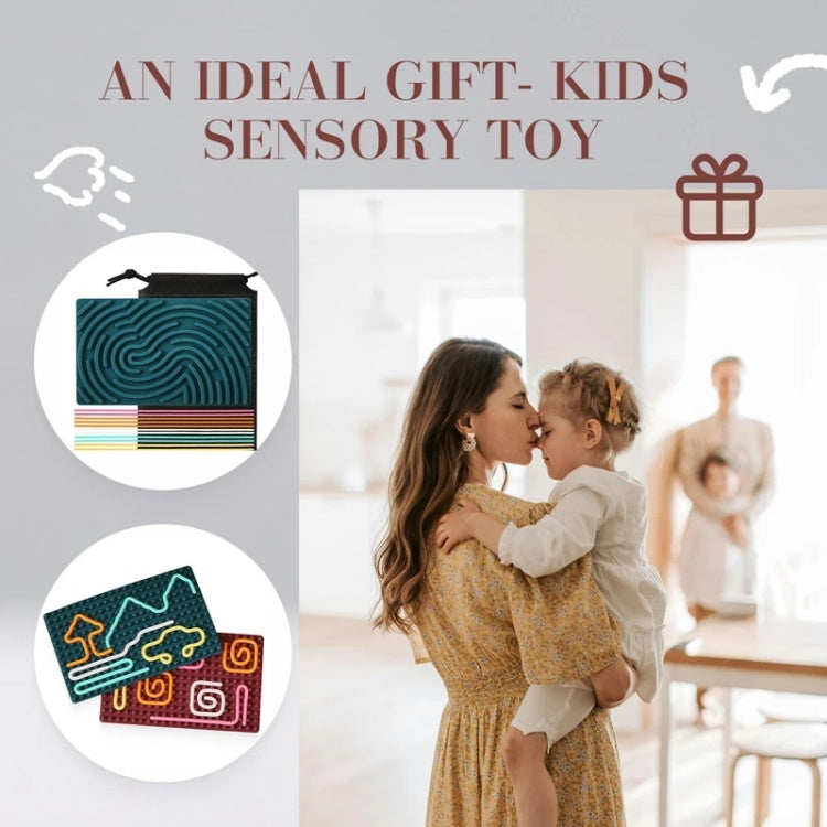 Woman and child embracing with text 'An Ideal Gift - Kids Sensory Toy' and images of textured toys.