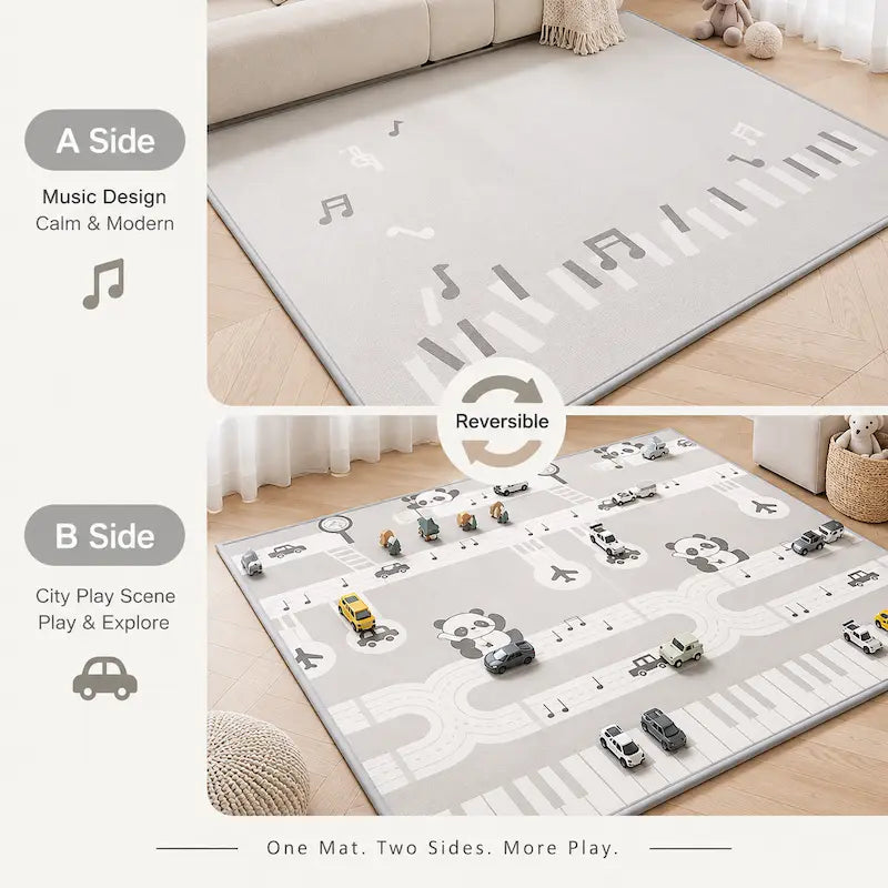A large reversible children's play rug shown in a styled room setting, with text callouts describing the two sides: A Side with music note and piano key designs, and B Side as a city play scene with roads, cars, and road markings. The rug is shown from multiple angles on a light wood floor with a sofa and toys nearby.