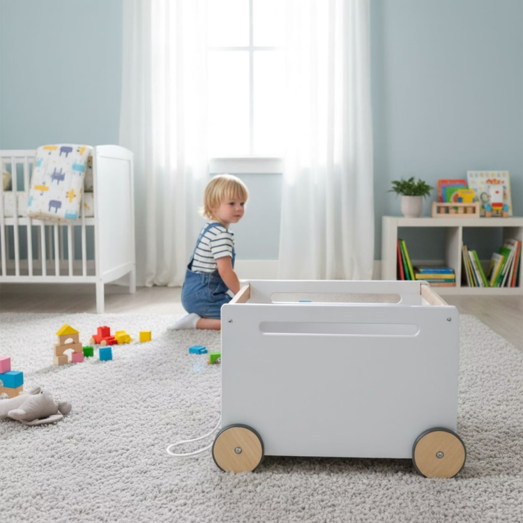 Child playing with a toy box in a nursery room