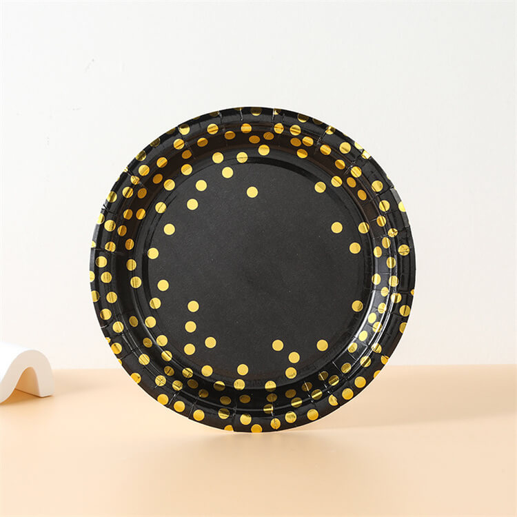 Party Paper Plate | Black with Gold Dot | 7" Set of 10 - iKids