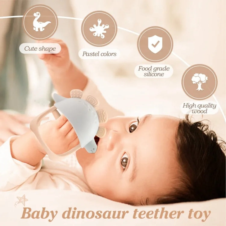 Baby playing with a dinosaur teether toy with product features highlighted.