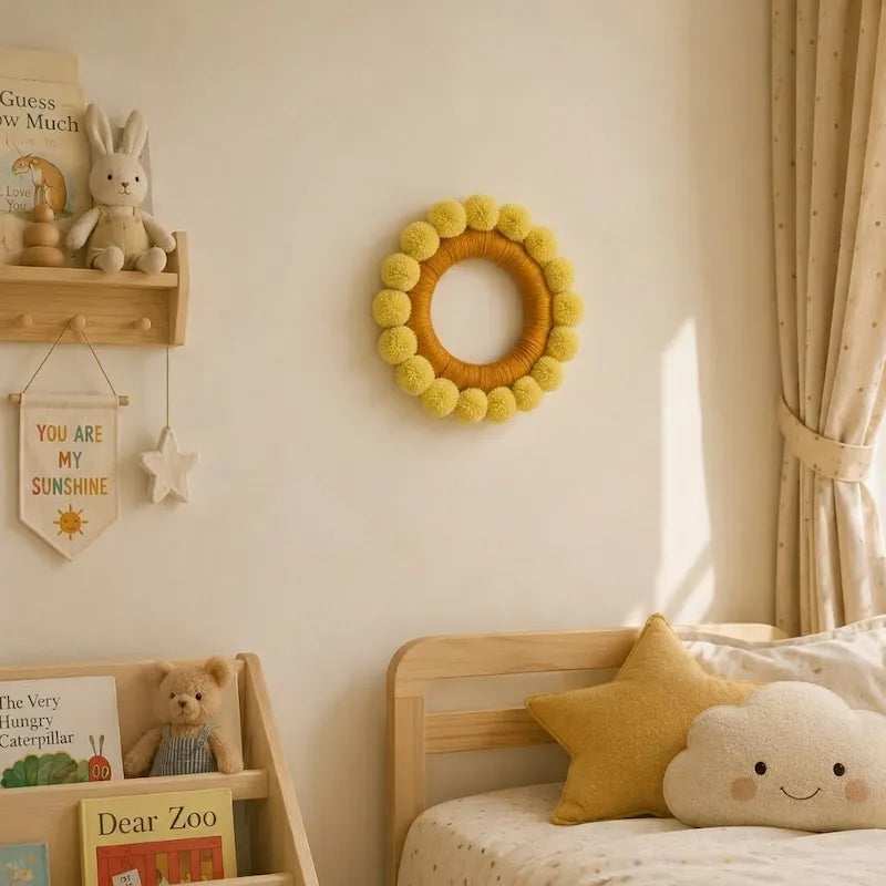 A yellow pom-pom wreath wall decor hanging on a cream-colored wall in a child's bedroom, next to a wooden bed frame with a yellow star pillow and a cloud pillow.