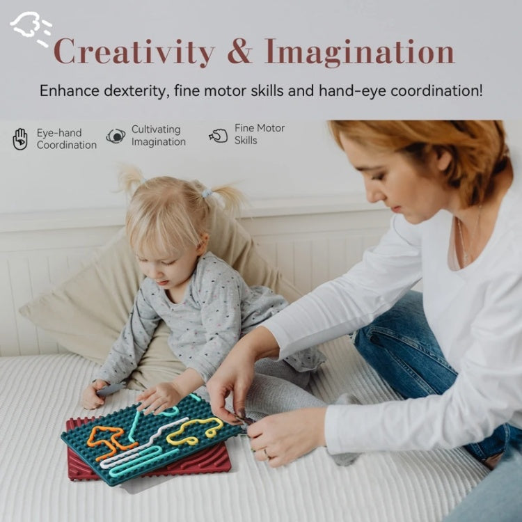 Woman and child playing with educational toys on a bed, promoting creativity and imagination.