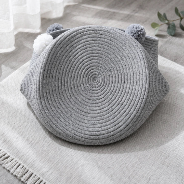Gray woven basket with pom-pom handles | Grey Cotton Rope Storage Basket in iKids.co.za
