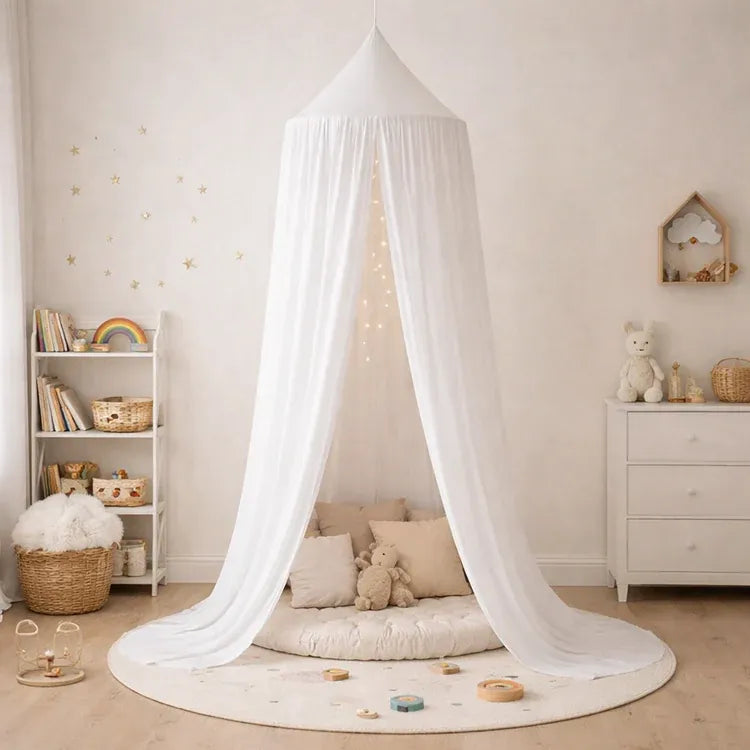 White canopy over a round rug with toys in a child's room