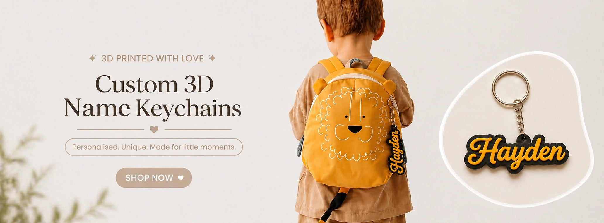 Child wearing a yellow backpack with a custom 3D name keychain, promotional banner for 3D printed keychains.