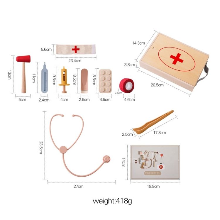 Wooden medical kit with measurements and details on a white background