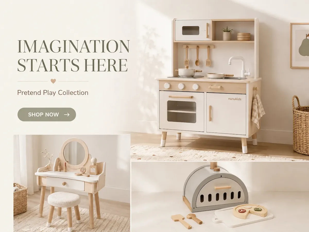 Wooden pretend play toys including play kitchens, vanity sets and role play toys 