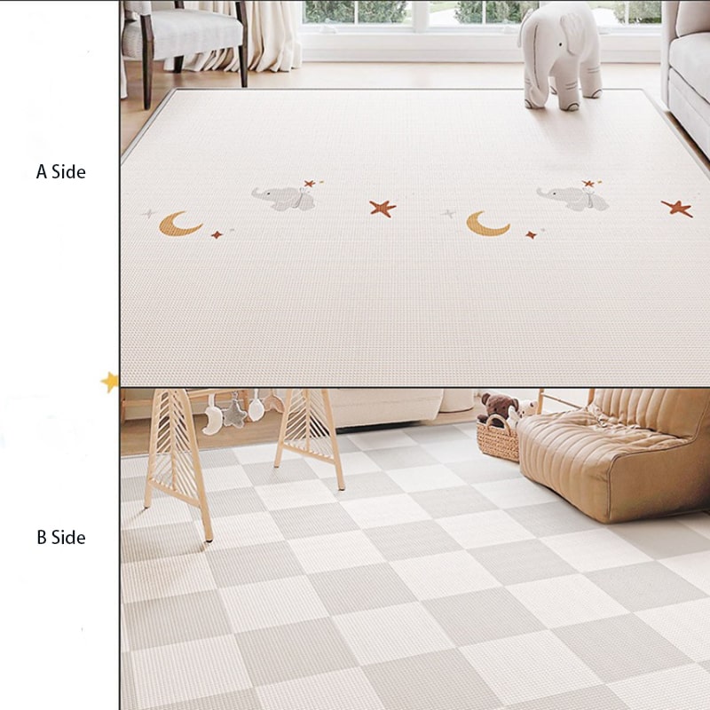 Comparison of two different flooring patterns in a room with furniture.