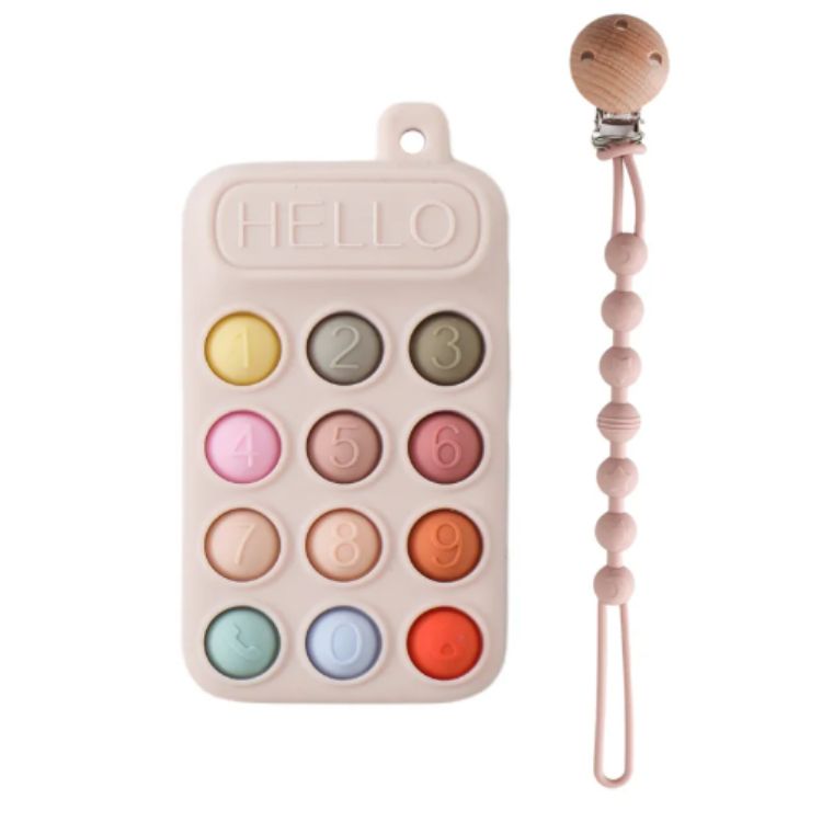 Colorful number-themed teether with wooden handle on a white background